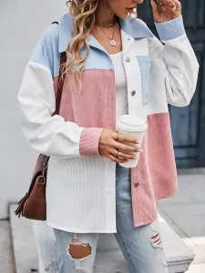 Corduroy Color Block Button Front Jacket, Elegant Long Sleeve Outerwear For Spring & Fall, Women's Clothing