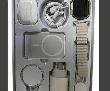 X8 UNIQUE COMBINATIONS — All-in-one tech bundle featuring smartwatch, AirPods Pro, power adapter, USB-C cable, wireless charger, power bank, and watch band.