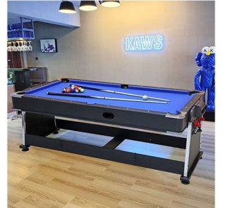 4 IN ONE MULTIFUNCTIONAL BILLIARD TABLE — Game table with surfaces for billiards, ping pong, air hockey, and foosball, plus auto ball return and sturdy MDF frame.