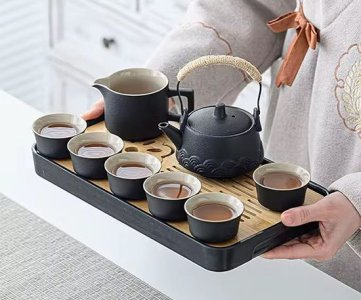 CUSTOMIZABLE LOGO LUXURY ASIAN TEA SET WITH GREY LEATHER CASE – Vintage porcelain coffee & tea set with travel-ready case. Elegant, gift-worthy & handcrafted.