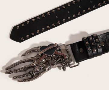 Gothik black leather belt with skeletal hand buckle gothic punk studded waist belt with heart motif kills engraving premium alloy buckle adjustable fit unisex accessory.