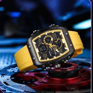 Smael Multifunction Quartz wristwatch with dual digital analog display, rectangular dial, blue silicone strap, 5BAR waterproof, rugged men’s timepiece