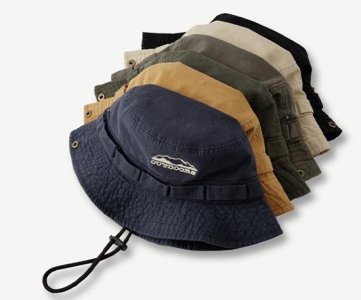 OUTDOORS Wide-Brim Hiking Hat – UV Protection Hat with Chin Strap & Mountain Logo, Durable Water-Resistant Material for Trekking, Fishing & Safari