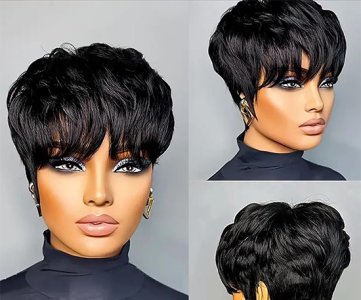 Short layered Black pixie cut wig with side-swept bangs, synthetic fiber construction, breathable cap, easy wear for everyday fashion, cosplay or styling