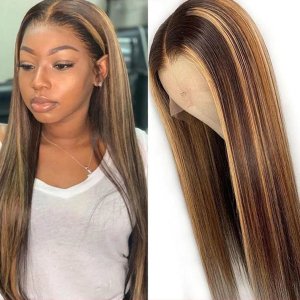 Lace-front Brown blonde highlighted wig with heat-resistant straight fibers, 26-inch length, natural hairline, breathable cap for beauty styling or cosplay