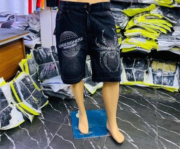 Gray Denim Shorts with Tribal Accents – Mid-Waist Button Closure, Breathable Cotton Blend, Dual Pockets, Stylish Summerwear for Men & Women