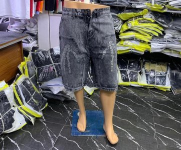 Gray Denim Shorts with Tribal Accents – Mid-Waist Button Closure, Breathable Cotton Blend, Dual Pockets, Stylish Summerwear for Men & Women