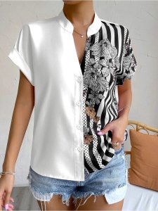 Patterned Blouse – Short Sleeve, Button Front, Mandarin Collar, Mixed Floral & Stripe Motif, Lightweight Cotton for Women’s Casual Fashion