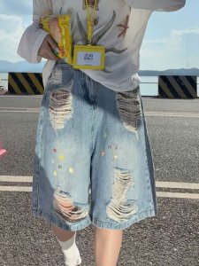 Distressed Denim Shorts – Women’s Mid-Rise, Frayed Hem, Patchwork Star Motif, Casual Streetwear with Belt, Summer Festival Jean Shorts