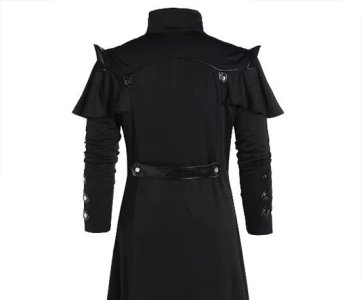 Regal Military-Inspired Overcoat – High Collar Edition – Black Accents, Belted Chest, Double-Breasted Front, Silver Buttons, Formal Gothic Flair
