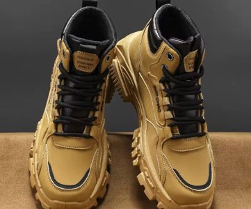 GUO CHAO High-Top Sneakers – Chunky Sole Streetwear Fashion | Black/Tan Contrast, Rugged Outsole, Rolled Cuff Style, Urban Edge, Size 39–44