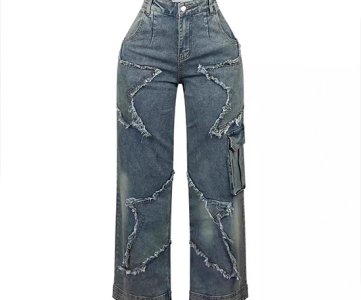 High-Waisted Patchwork Wide-Leg Jeans – Zigzag Distress Edition – Cargo Pocket Detail, Dark Denim, Frayed Pattern, Edgy Streetwear Look, Sizes 28–36