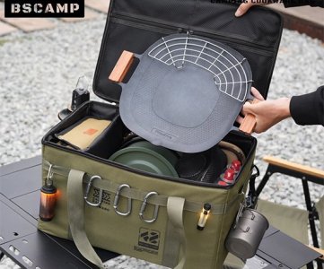 Bscamp tactical Camping cookware bag with multi-compartments, carabiner hooks, durable canvas shell, portable rugged organizer for camping or outdoor gear