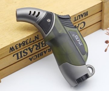 Dux handheld butane torch lighter with metallic nozzle, black grip and visible ignition tube, sleek transparent design ideal for utility, hobby or display use