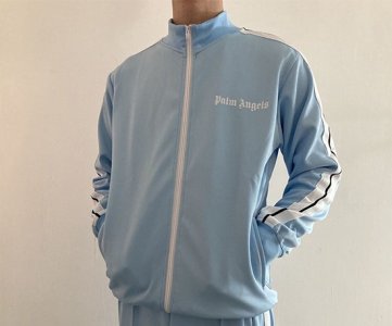 Palm Angels Tracksuit – Light Blue Edition – Zip-Up Jacket, Gothic Logo, Triple Stripe Sleeve, Matching Pants, Relaxed Fit, Unisex, Sizes S–XL