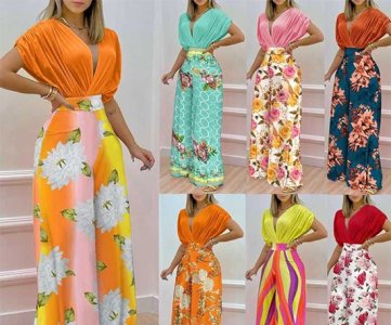 Retro Bloom Wide-Leg Pants Set – Pink V-Neck Top + Floral High-Waist Bottoms, Elegant Fit, Unisex Style, Bright Roses, Lightweight Fabric