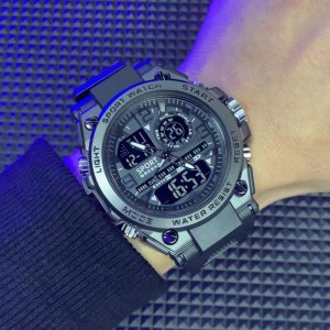 Sport Watch Dual Display Waterproof Shockproof Metal Case – Analog & Digital Men’s Wristwatch with Night Glow, Black Strap, Gift Box Included