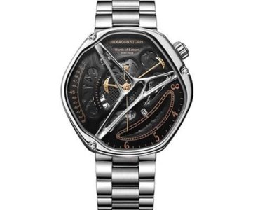 Hexagon storm mechanical wristwatch – exposed gears, black dial, gold accents, limited edition, metallic band, bold design, unisex, luxury timepiece