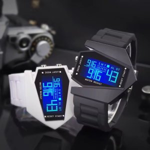 Digital Wristwatch with Blue LED Display, Angular Design, Multi-Function Buttons, and Water Resistance for Sports, Casual, and Tech-Inspired Wear
