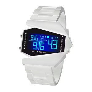Digital Wristwatch with Blue LED Display, Angular Design, Multi-Function Buttons, and Water Resistance for Sports, Casual, and Tech-Inspired Wear