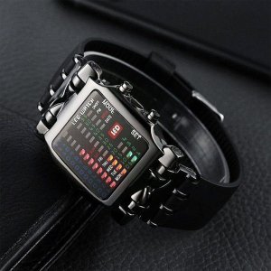 Led-watch Digital Grid Display Timepiece with Color-Coded Hour, Minute, and Weekday LEDs, Mode Buttons, and Sleek Black Design
