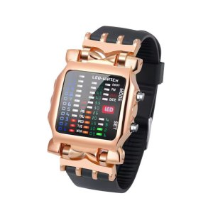 Led-watch Digital Grid Display Timepiece with Color-Coded Hour, Minute, and Weekday LEDs, Mode Buttons, and Sleek Black Design