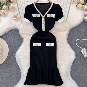 Ribbed Knit Short-Sleeve Dress with V-Neckline, Decorative Pockets, Gold Buttons, and Flared Hem for Elegant Casual and Semi-Formal Occasions