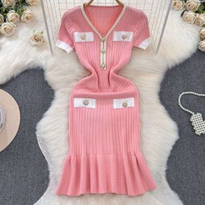 Ribbed Knit Short-Sleeve Dress with V-Neckline, Decorative Pockets, Gold Buttons, and Flared Hem for Elegant Casual and Semi-Formal Occasions