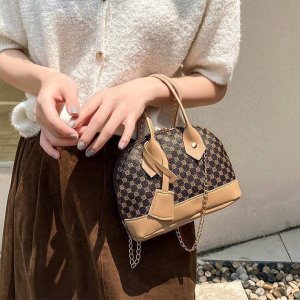 Dome PU leather handbag polka dot pattern top-zip closure double handles gold-tone accents luggage tag for women office travel casual fashion