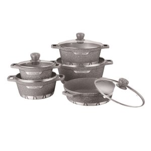Granite non-stick cookware set 7-piece with glass lids stone-effect coating ergonomic handles for gas electric induction stovetops and modern kitchens