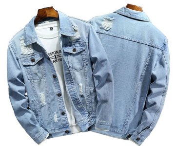 Distressed denim jacket with inner shirt button-up front long sleeves chest pockets rugged casual outerwear for stylish men streetwear ready