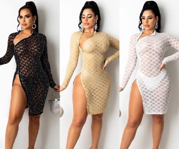 White mesh bodycon dress with rhinestone detailing high slit long sleeves elegant fit for evening parties cocktail events and special celebrations