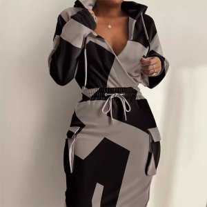 Hoodie and geometric pattern skirt set with drawstring waist deep v-neckline side pockets breathable fabric ideal for casual fall and winter wear