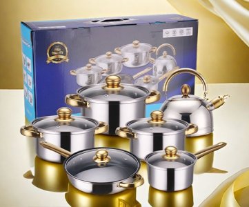 Non-Stick Cookware Set – 10-Piece Pots and Pans with Lids, Orange Finish & Gold Handles, Durable Stainless Steel for Home, Restaurant & Gift Use