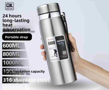 Stainless Steel Vacuum Flask – 600 ml Insulated Travel Mug with Filter & Cup Lid, Leak-Proof, Double-Wall Thermos (Silver)