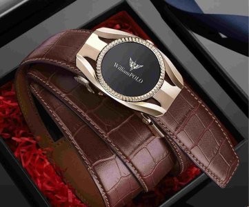 William Polo Men’s Luxury Leather Belt with Automatic Watch Buckle, Genuine Cowhide Strap, Business Casual Dress Waistband, Adjustable Fashion Accessory