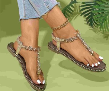 Denim Blue Rhinestone T-Strap Sandals for Women – Stylish Summer Footwear with Shell Anklet Accent, Open Toe Design & Cushioned Sole Comfort