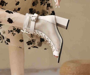 Mesh Panel Buckle Strap Ankle Boots for Women – Geometric Block Heel, Open-Side Design, Zipper Closure, Fashion Footwear for Urban, Seasonal & Event Wear