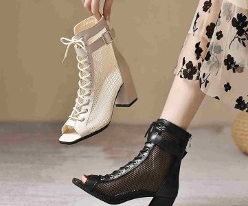 Mesh Panel Buckle Strap Ankle Boots for Women – Geometric Block Heel, Open-Side Design, Zipper Closure, Fashion Footwear for Urban, Seasonal & Event Wear