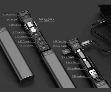 Budi Multi-Functional Tech Toolkit – USB-C, Lightning, Micro USB, TF Card Slot, SIM Ejector, Compact Adapter Kit for Travel, Device Sync, Charging & Storage