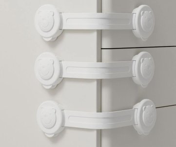 Child Safety Cabinet Lock – Adjustable Adhesive Strap with Bear Motif Ends for Babyproofing Drawers, Doors & Household Furniture, Easy to Install