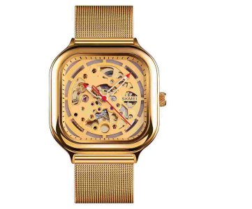 SKMEI Skeleton Watch – Mechanical Square Wristwatch with Mesh Band, Visible Gears, Red Second Hand & Polished Case for Stylish Horology Enthusiasts