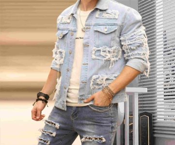Distressed Denim Jacket & Jeans Set – Light Blue Ripped Design with Frayed Patches, Rugged Streetwear Style for Urban Fashion & Casual Everyday Wear