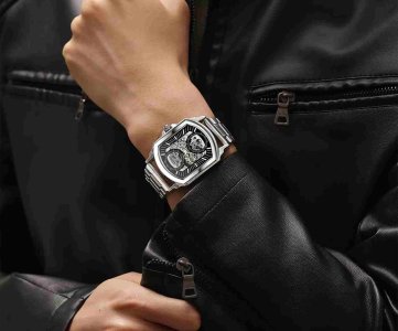 T-Winner Skeleton Watch – Rectangular Mechanical Wristwatch with Silver Band, Dual Sub-Dials, Blue Hands & Transparent Gear Dial for Horology Lovers