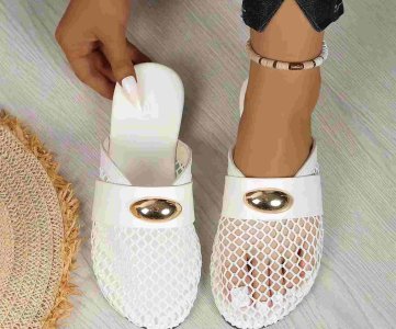 Mesh Slip-On Sandals – Netted Toe Design with Solid Strap & Metallic Oval Accent for Modern Casual Wear, Street Style or Fashion-Forward Outfits