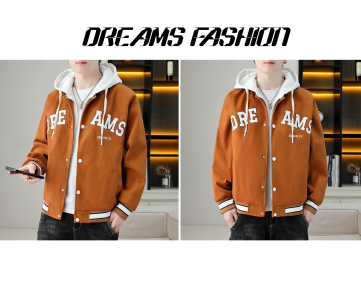 Varsity Jacket – Brown Body with White Hood, “DREAMS” Text Detail, Snap Buttons & Striped Trim for Streetwear, Editorial Styling or Boutique Drops