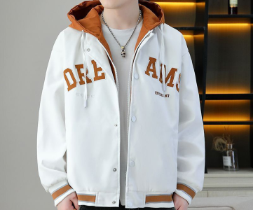 Varsity Jacket – Brown Body with White Hood, “DREAMS” Text Detail, Snap Buttons & Striped Trim for Streetwear, Editorial Styling or Boutique Drops