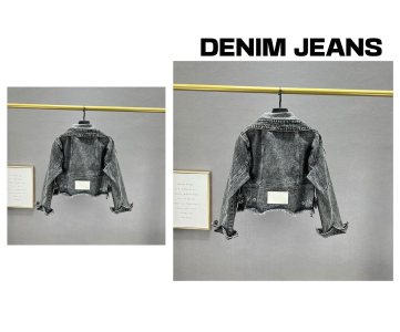 Cropped Faded Denim Jacket – Wide Lapel Collar, Frayed Edges & Vintage Wash for Streetwear, Editorial Styling or Boutique Fashion Drops