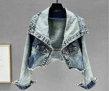 Cropped Faded Denim Jacket – Wide Lapel Collar, Frayed Edges & Vintage Wash for Streetwear, Editorial Styling or Boutique Fashion Drops