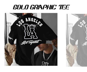 CrownLA Oversized Tee – Black T-Shirt with Stylized “LA” Logo, Crown Accent & “Hot City” Sleeve Print for Streetwear, Boutique Drops or Urban Capsules